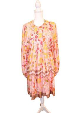 By TiMo Floral Long-Sleeve Womens Pleated Mini Dress, Large,